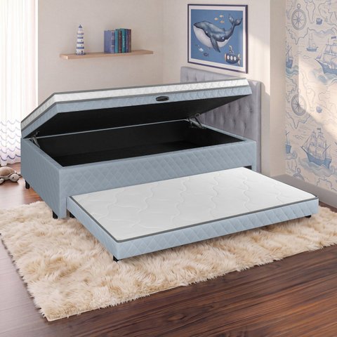Cama Box Solteiro Ortopédica Conjugada Baú c/ Cama Auxiliar 88x188 D28 Laura Cinza