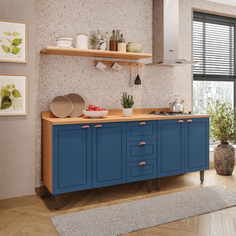 Cozinha Pérola com Tampo 2 Peças Balcão 3 Gavetas 2 Portas e Balcão 2 Portas Yescasa Azul/Freijó