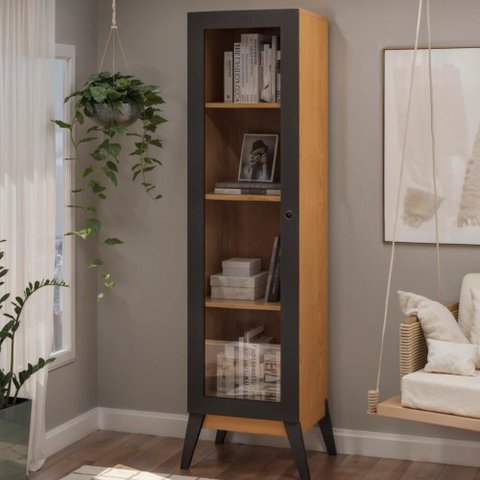 Estante Livros Genialflex Malta 1 Pt de Vidro Preto Cinamomo