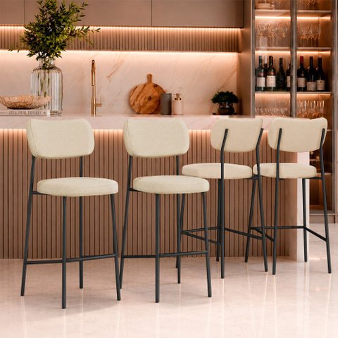 Kit 4 Banquetas Alta Sala de Jantar Lisa Pés Preto Linho Bege m² - Monari Design