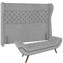 Ver imagem 1 de Kit Cabeceira Cama Box Casal 195 Cm Madrid com Puff Recamier Santorini Veludo Cinza - Lyam Decor