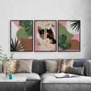 Ver imagem 1 de Kit 3 Quadros Mulher Com Flores E Folhas 45x34cm - com vidro:Madeira preta