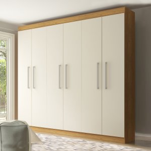 Guarda Roupa de Casal 250 x 230 Cm 6 Portas 3 Gavetas 3 Cabideiros MDP Branco Carvalho 1056 - MENU