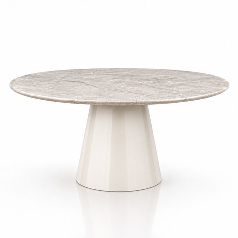 Mesa de Jantar Cone Oval 137x90 cm Tampo Quartzito Taj Mahal e Base Laca Off White
