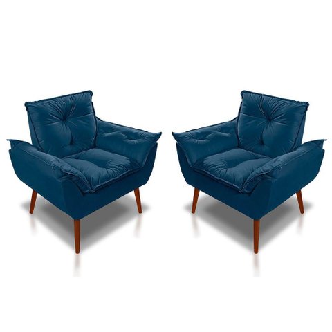Kit 02 Poltrona Opala Decorativa Suede Azul Marinho