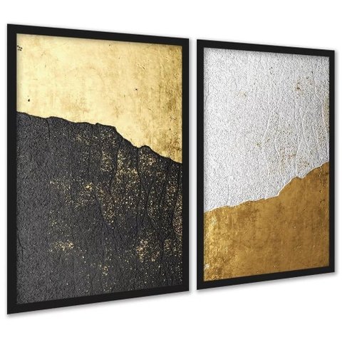 Kit 2 Quadros Abstratos Rústicos Preto Dourado 45x34cm - com Vidro:moldura Branca