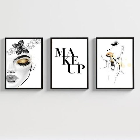Kit 3 Quadros Decorativos Makeup Maquiagem 33x24cm - com Vidro:madeira Preta