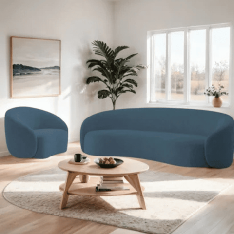 Kit Sofá 3 Lugares 200cm e Poltrona Orgânico Luxo Recepção Sala de Estar e Tv Amore Linho Azul Royal