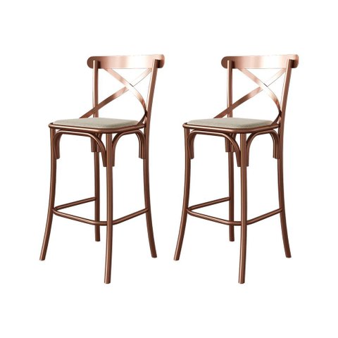 Kit 2 Banquetas Katrina com Encosto em Aço Cobre Assento em Corano para Bancada de Cozinha - Bege
