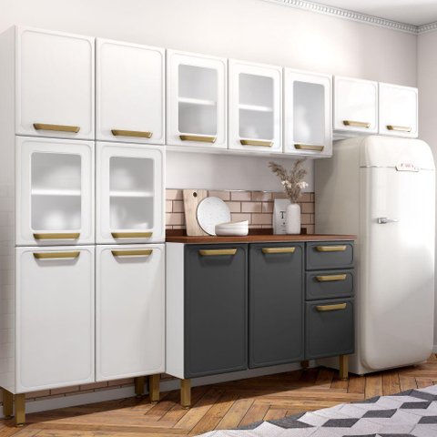 Cozinha Completa Aço C/ Portas Vidro Branco Bella Bertolini