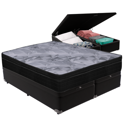 Cama Box Baú Preto e Colchão Airtech Pampa Molas Ensacadas Queen Ortobom