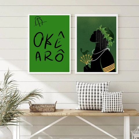 Conjunto 2 Quadros Decorativos Okê Arô oxóssi 33x24cm - com Vidro:madeira Preta