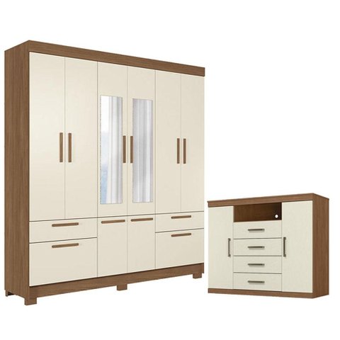 Guarda Roupa Casal 8 Portas Curitiba com Espelho e Cômoda Havana Master Jatobá Areia Acetinado - San
