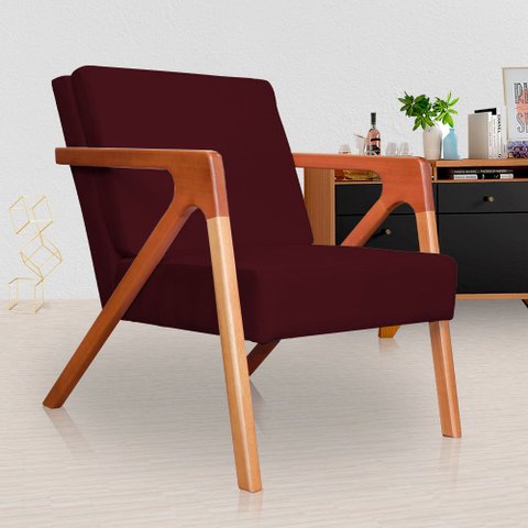 Poltrona Decorativa Braços de Madeira Sala de Estar Monalisa Suede Vermelho Bordo - LM DECOR