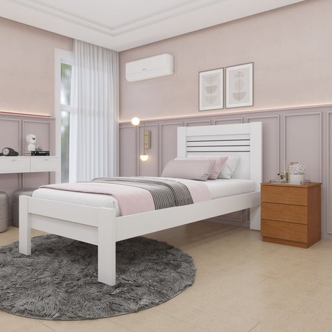 Cama Solteiro 100% MDF Safira Branco/Neve