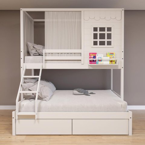 Beliche Casinha Reta Casal/ Solteiro com 02 Gavetas e Cortina Madeira Maciça Branco Housin