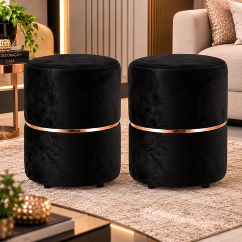 Kit de Puff Cinta no Meio Rose Gold, Cor Preto Veludo - Let Móveis