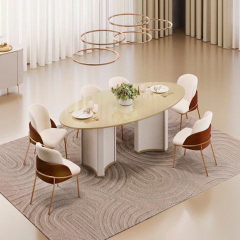 Conjunto Sala de Jantar Liz Tampo Elipse com Vidro Orgânico 218cm com 6 Cadeiras Vitta Bege/Off White/Dourado/Terracota/Perola