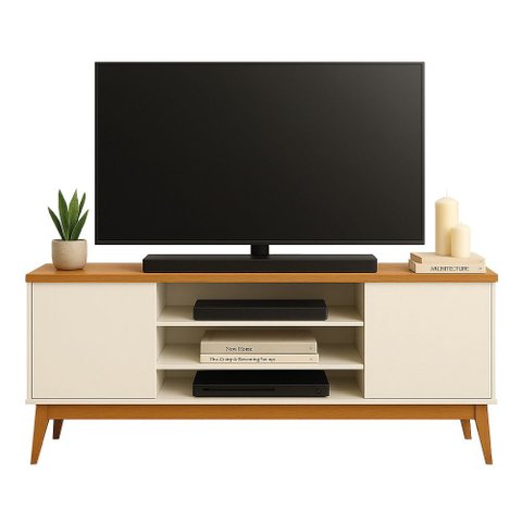 Rack Bancada para Tv até 60 Polegadas 1,60m 2 Portas 3 Nichos Titan Off White / Madeirado Edn