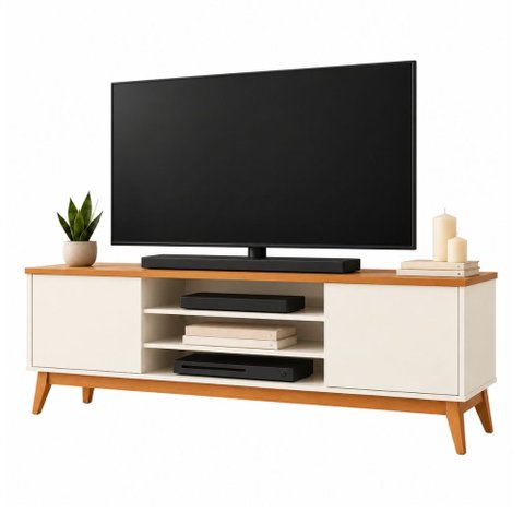 Rack Bancada para TV até 60 Polegadas 1,60m 2 Portas 3 Nichos Titan Off White / Madeirado Edn