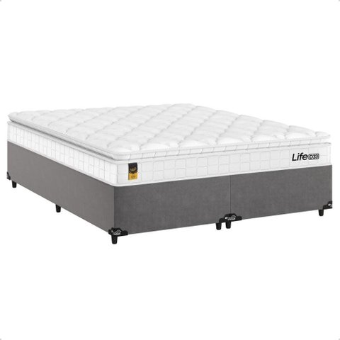 Cama Box Queen Cinza + Colchão Life D33 Pillow Top 56x158x198cm Branco- e-Shop Casa