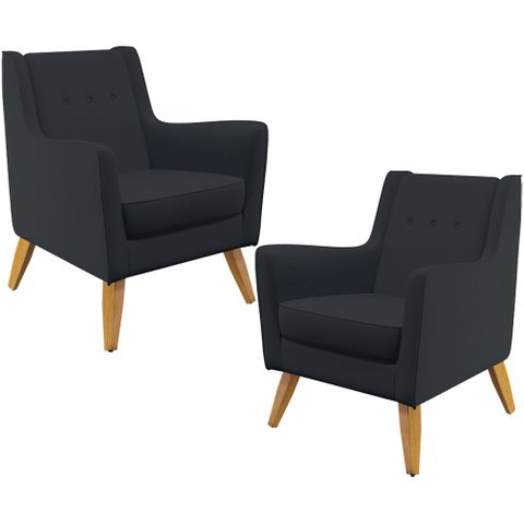 Kit 02 Poltronas Decorativas com Pés de Madeira Taroba D02 Linho Chumbo C-465 - Lyam Decor