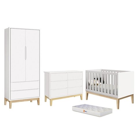 Dormitório Completo Infantil Classic 2 Portas, Cômoda 6 Gavetas, Berço Branco Fosco com Pés Madeira 