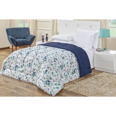 Edredom Dupla Face Malha Quality Queen 1 Peça Geométrico Azul