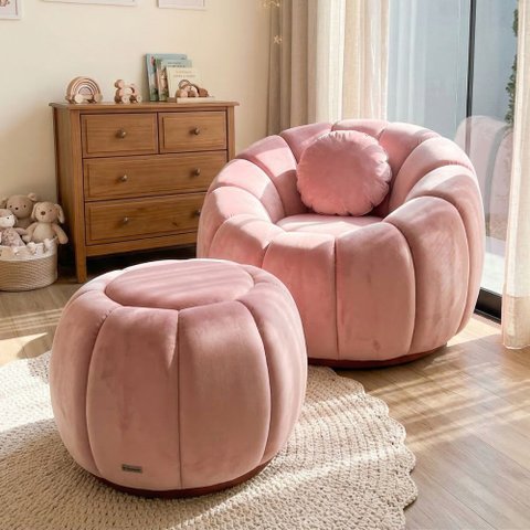 Kit Poltrona Decorativa Concha c/Almofada e Puff Veludo Rosa Abobora - Montanaris Decor