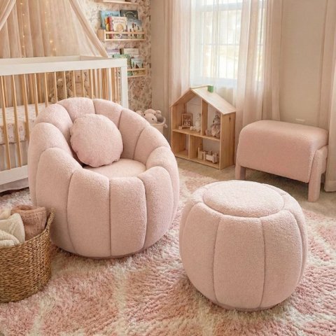 Poltrona Decorativa Sala Estar Quarto Concha c/Puff Orgânica Boucle Rosê - Vimont Moveis