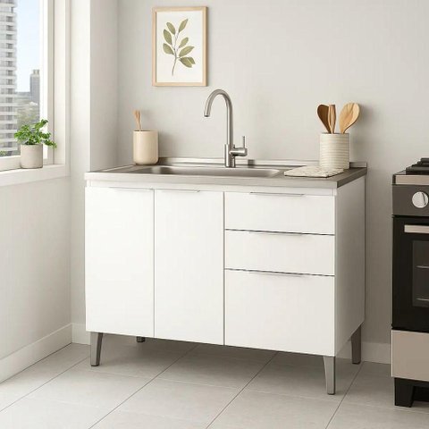 Balcão de Cozinha Classic 3 Portas 2 Gavetas MDP 100cm Branco