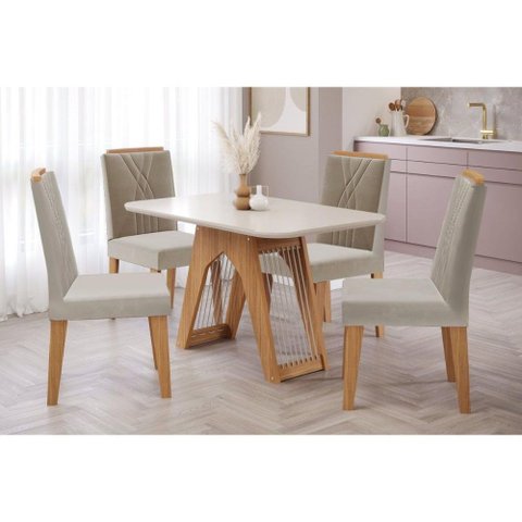 Conjunto: Mesa Sala Jantar Carol c/ Tampo Madeirado c/ Vidro 130cm + 4 Cadeiras Nicole Nature/Off