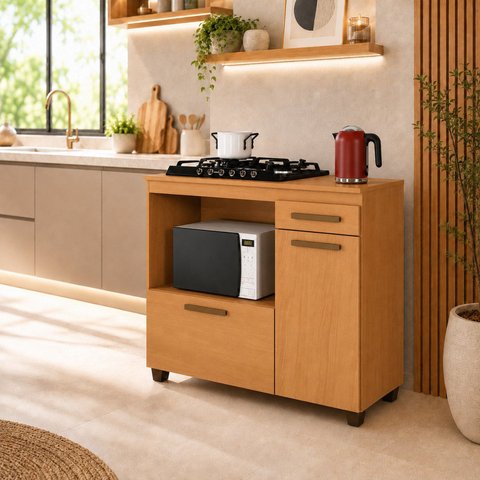 Balcão para Cooktop 5 Bocas Tampo MDF 2 Portas 1 Gaveta com Nicho Micro-Ondas Cronos Espresso Móveis