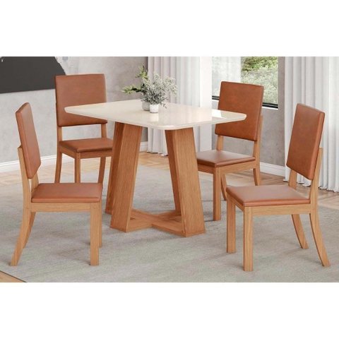 Sala de Jantar Completa Lins C- Tampo Madeirado C- Vidro Curvo 120x80cm e 4 Cadeiras Milla Plus