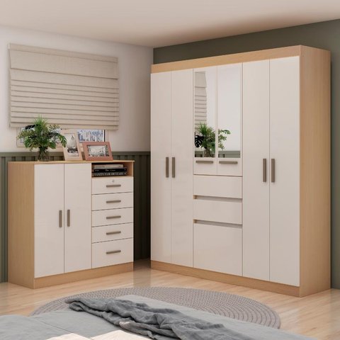 Dormitório Casal Roupeiro C/espelho e Cômoda Freijo White Laca