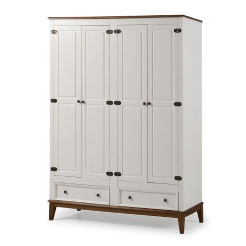 Guarda-roupa Rústico 4 Portas e 2 Gavetas - Madeira Maciça e Mdf Branco