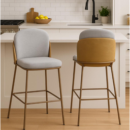 Kit 2 Banquetas com Encosto Estofado e Base em Aço Carbono Champanhe – Cristal Exclusiva Linho Linco - 1