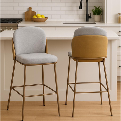 Kit 2 Banquetas com Encosto Estofado e Base em Aço Carbono Champanhe – Cristal Exclusiva Linho Linco