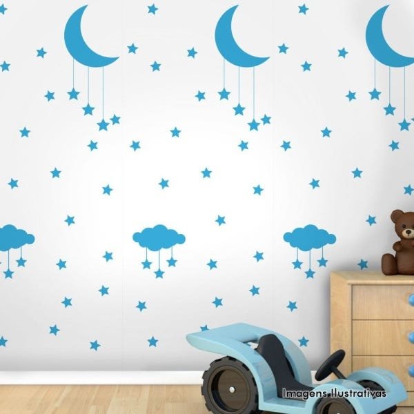 Papel de Parede Texturizado Autocolante Infantil Noite Estrelada Branco com Azul - 1