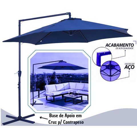 Ombrellone Guarda Sol Lateral Piscina e Praia 3 Metros Bel Veneza Azul com Base de Apoio e Manivela 