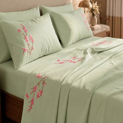 Jogo de Cama Lençol King Botanique Floral Micropercal 300 Fios Bordado 4 Peças Verde Erva Doce