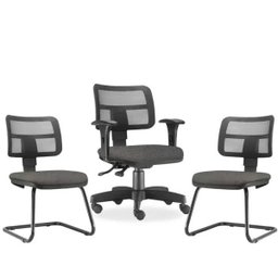 Kit Cadeira de Escritório Giratória e 2 Cadeiras Fixas Zip Linho Cinza Escuro - Lyam Decor - 1