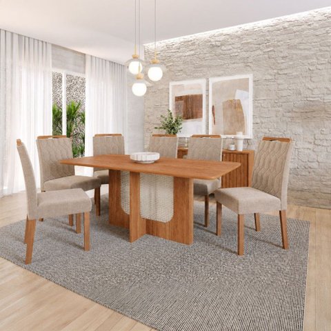 Sala de Jantar 6 Lugares 180 cm Matilda Cadeiras Madeira Maciça Cinamomo/Bege - Panorama Móveis