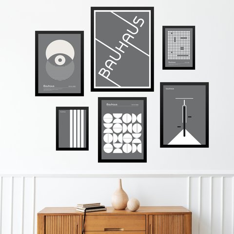 Composição 6 Quadros Modernos Bauhaus Cinza e Branco - com Vidro:moldura Branca