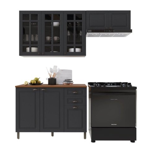 Cozinha Compacta Bariloche 8 Portas 2 Gavetas com Vidro e Tampo 100% MDF 6225 Chumbo - Indékes