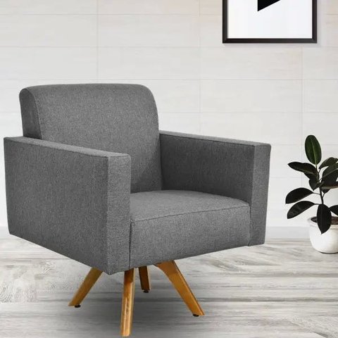 Poltrona Decorativa Giratória para Sala de Estar Base de Madeira Helô Linho Chumbo - Lyam Decor
