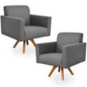 Ver imagem 1 de Kit 2 Poltronas Decorativas Giratória Sala Estar Base Madeira Helô Linho Chumbo - Lyam Decor
