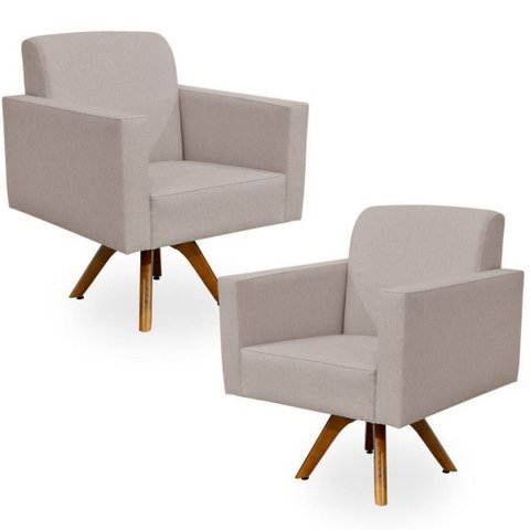 Kit 2 Poltronas Decorativas Giratória Madeira Sala Estar Helô Linho Bege - Lyam Decor