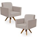 Ver imagem 1 de Kit 2 Poltronas Decorativas Giratória Madeira Sala Estar Helô Linho Bege - Lyam Decor