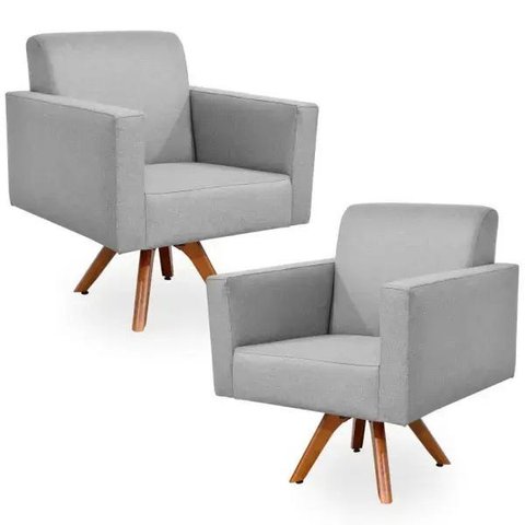 Kit 2 Poltronas Decorativas Giratória Sala Estar Base Madeira Helô Linho Cinza Escuro - Lyam